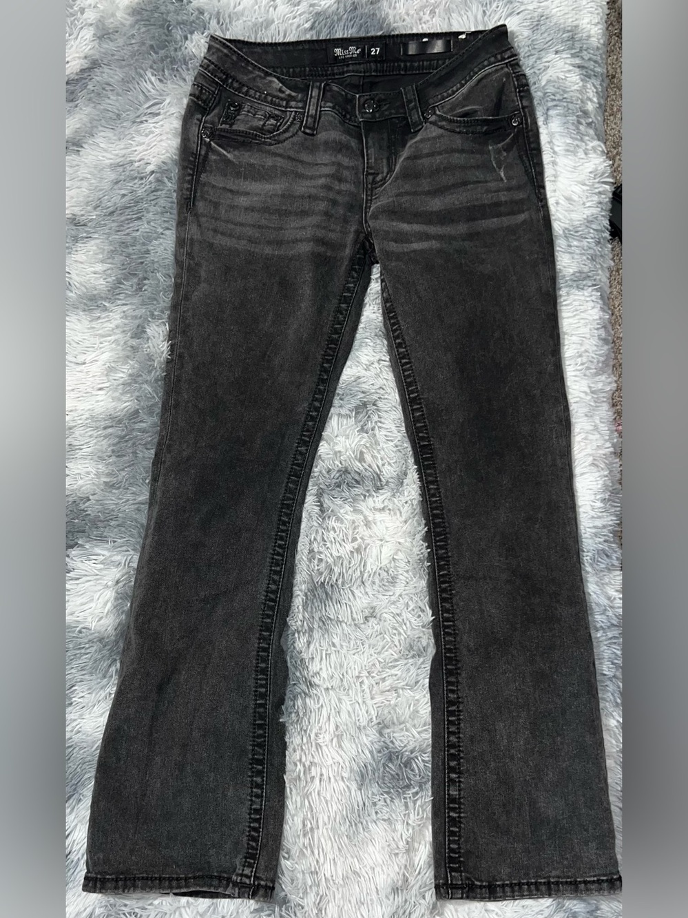 Miss Me Women’s Washed Black Low Rise Boot Cut Jeans with Embellished Pocket 27